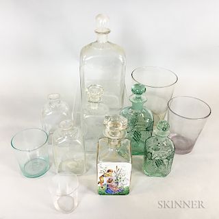 Eleven Aqua and Colorless Blown Glass Decanters, Bottles, and Tumblers