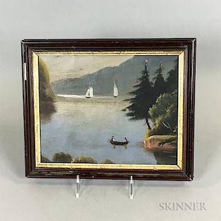 Framed Primitive Oil on Paper of a Lake Scene