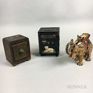 Two Cast Iron Safe-form Still Banks and an Elephant Mechanical Bank