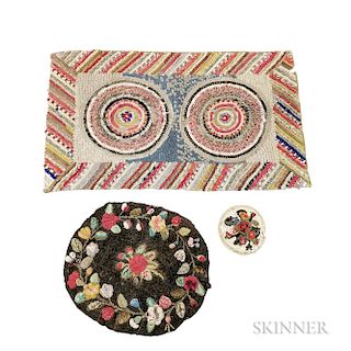 Floral-decorated Hooked Mat and Two Shirred Mats