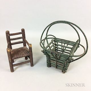 Green-painted Stick Basket and a Miniature Great Chair