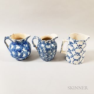 Three Blue and White Spongeware Ceramic Pitchers