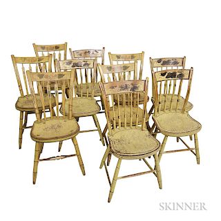 Assembled Set of Ten Yellow Paint-decorated Thumb-back Windsor Side Chairs