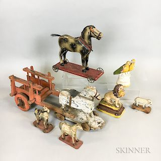 Five Animal Pull Toys and Two Chalkware Animals