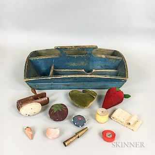 Blue-painted Pine Cutlery Tray and a Group of Sewing Items
