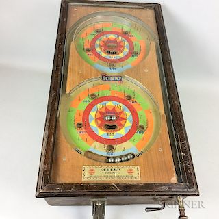 Cased Oak and Glass Table-top "Screwy" Coin-op Pinball Game