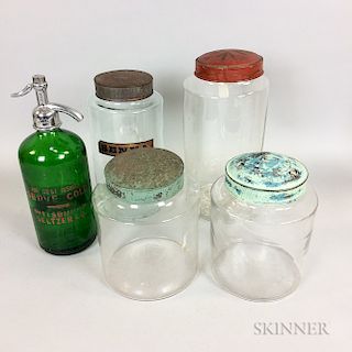 Four Colorless Glass Jars and a Pittsburgh Seltzer Co. Green Glass Siphon