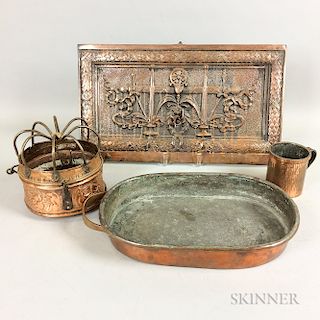 Three Copper Tableware Items and a Cast Metal Plaque