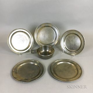 Five American Pewter Plates and a Porringer