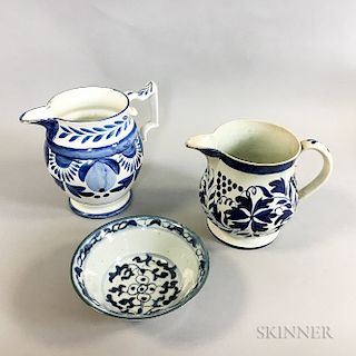 Two Blue and White Ceramic Pitchers and a Chinese Porcelain Bowl