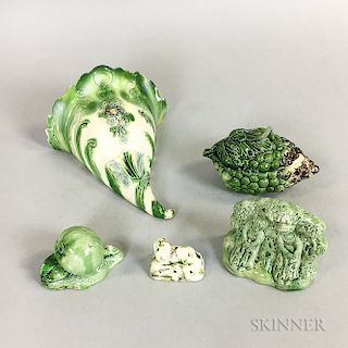 Five Staffordshire Translucent Green-glazed Ceramic Items