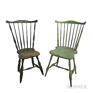 Two Green-painted Fan-back Windsor Side Chairs and a Bow-back Side Chair