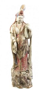 A Carved Wood Figure of Guanyin, Height 46 1/4 inches.