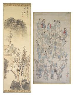 Two Japanese Paintings on Paper, Height of first 40 7/8 x width 21 inches.
