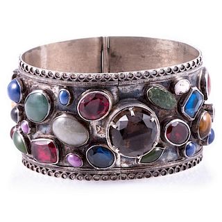 Semi-precious stone and silver bangle bracelet