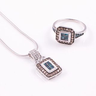 Colored diamond, diamond and sterling silver set