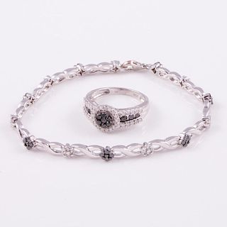 Black diamond and diamond bracelet and ring
