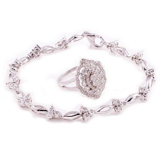 Diamond and sterling silver bracelet and ring