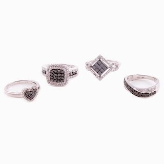 Black diamond, diamond and sterling silver rings