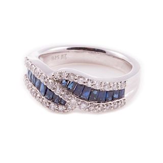 Sapphire, diamond and sterling silver ring