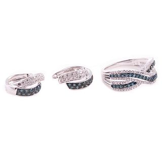 Colored diamond and diamond earrings and ring