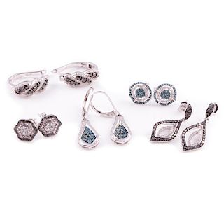 Five pairs of diamond and colored diamond earrings