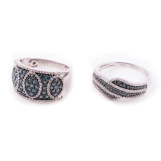 Two colored diamond, diamond and sterling silver rings