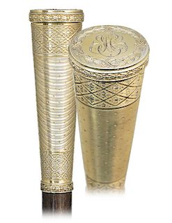 1. Silver Gilt “Cazal” Dress Cane -Ca. 1890 -Long and tapering vermeil cane handle totally engine turned with various patterns and embellished with tw