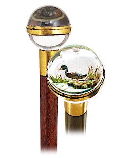 3. Essex Crystal Cane -Ca. 1880 -Large rock crystal ball cut of pure and limpid stone and reversed carved and colored with a duck on the waterside, gi