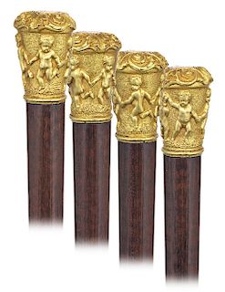 18. Early Ormoulu Ceremonial Cane -Ca. 1820 -Fire gilt bronze knob well modeled in high relief and hand chased in painstaking fine detail with five en