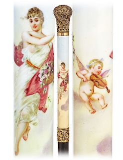 20. Porcelain Dress Cane -Ca. 1900 -Longer porcelain handle fashioned in a cylindrical configuration and painted in pastel colors and finest micro det
