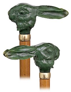 32. Nephrite Rabbit Cane -Ca. 1900 -A unique and wonderful Nephrite example of the much-admired horizontal rabbit’s head with furry coat and backwards