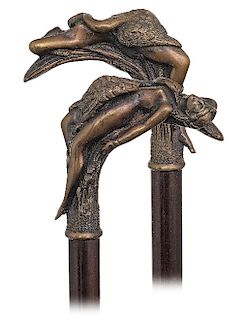 40. Knob Kerrie Mythological Erotic Cane -Ca. 1900 -Well modeled bronze casting of the well-known subject matter of Leda and the Swan, snake wood shaf