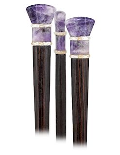 41. Hard Stone Dress Cane -Ca. 1900 -Two pieces amethyst quartz knob fashioned in a flattened, fan shape with facetted roc crystal separators and pres