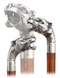 51. Silver Panther Cane -Ca. 1900 -Silver knob naturalistically fashioned as a panther head with wide-open mouth exposing strong jaws and sharp teeth.