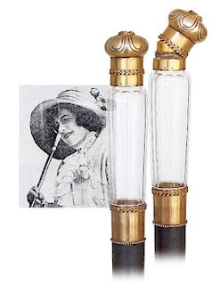 58. Perfume Bottle Cane -Ca. 1890 -High-end dual purpose cane featuring a vertical and faceted crystal perfume bottle handle with matching “Vermeil”, 