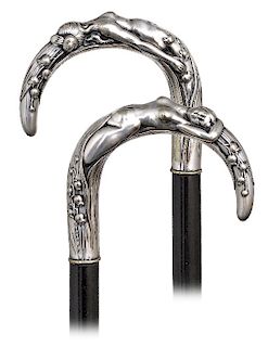 90. Figural Art Nouveau Cane -Ca. 1900 -Well-proportioned crook silver-plated handle with a reclining nude emerging from a bunch of lilies of the vall