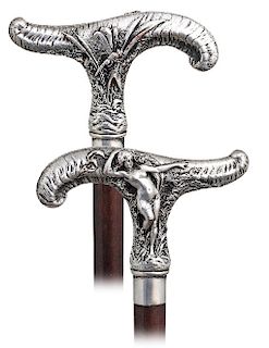 92. Figural Art Nouveau Cane -1890 -Large and well-proportioned 248Derby shaped silver handle hand chased and engraved with a thinly veiled nude on on