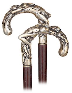 94. Silver Plated Bronze Mildly Erotic Cane  -Ca. 1900 -The famous mildly erotic motif of Leda & Swan heavily cast in bronze, silver plated and presen