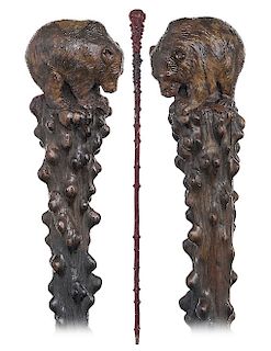 97. Vine Bear Cane -Ca. 1900 -Fashioned of one straight wild vine branch with extreme quirky grown protuberances and a naturally curving bough carved 