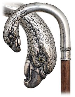 102. Silver Plated Figural Cane -Ca. 1900 -Large silver plated “ALPACCA” crook handle with a well-modeled cockatiel head embellished with a pair of in