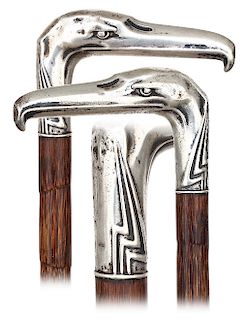 104. Silver Eagle Head Cane -Ca. 1910 -Substantial, figural eagle head handle modeled with striking stylized, features including a longer beak and thu