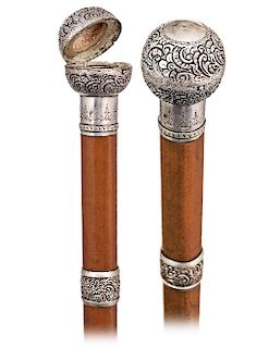 107. Silver Dual Purpose Ball Container Cane -Ca. 1880 -Silver ball knob with an integral cylindrical collar profusely hand chased with leafage and fi