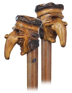 108. Peculiar Character Cane -Ca. 1900 -Substantial fruit wood handle carved to depict a man’s head with a smiling face and long nose out of proportio