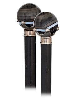 116. Hard Stone Dress Cane -Ca. 1920 -Sardonyx ball knob with a fascinating, natural black and white layered structure presented in a crown-like white