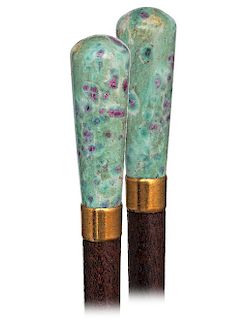 118. Hard Stone Indoor Cane -Ca. 1900 -Straight, stretching and tapering ruby matrix handle of a beautiful pale green color with scattered red dots, p