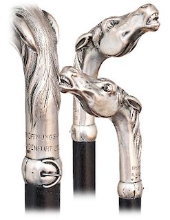 119. Silver Horse Head Cane -1923 -Horse head day cane naturalistically rendered in an uncommon, yet attractive upright configuration, wider and integ