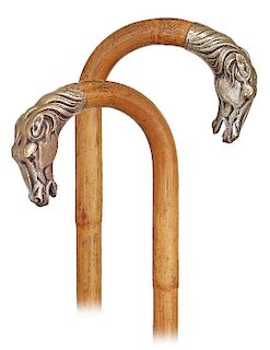 122. Horse Head Cane -Ca. 1910 -Sturdy single stepped malacca cane with a crook handle embellished by a white metal horse head stamped “ALPACCA” and f