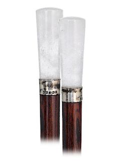 123. Rock Crystal Dress Cane -Ca. 1900 -Straight and tapering rock crystal handle with a fascinating natural frosted structure, well figured rosewood 
