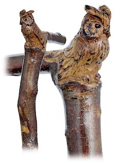 142. Folk Art Owl Cane -Ca. 1900 -The cane is fashioned of a wild cherry branch with a beautiful brown-red bark and naturally grown angular handle car